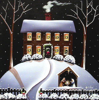Folk art painting of snowy house with nativity scene below, winter trees and stars