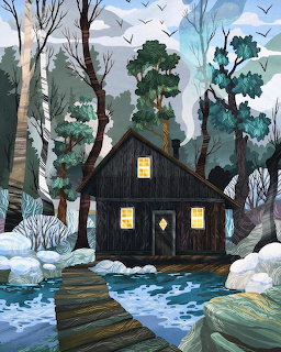 Illustrated dark wooden cottage in a snowy forest beside icy water with glowing windows