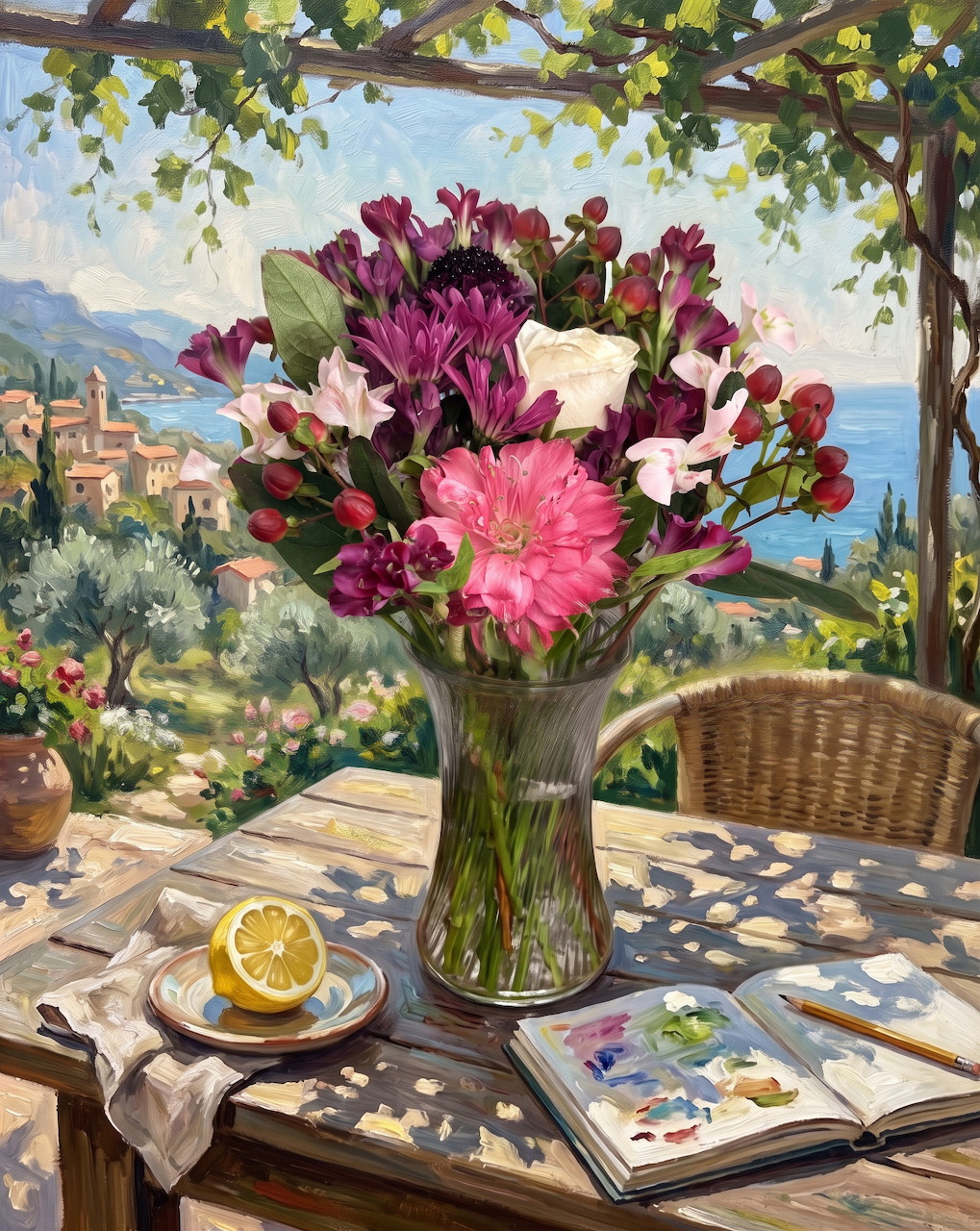 Colorful flower arrangement on terrace table overlooking Italian coastal town with lemons and coffee cup