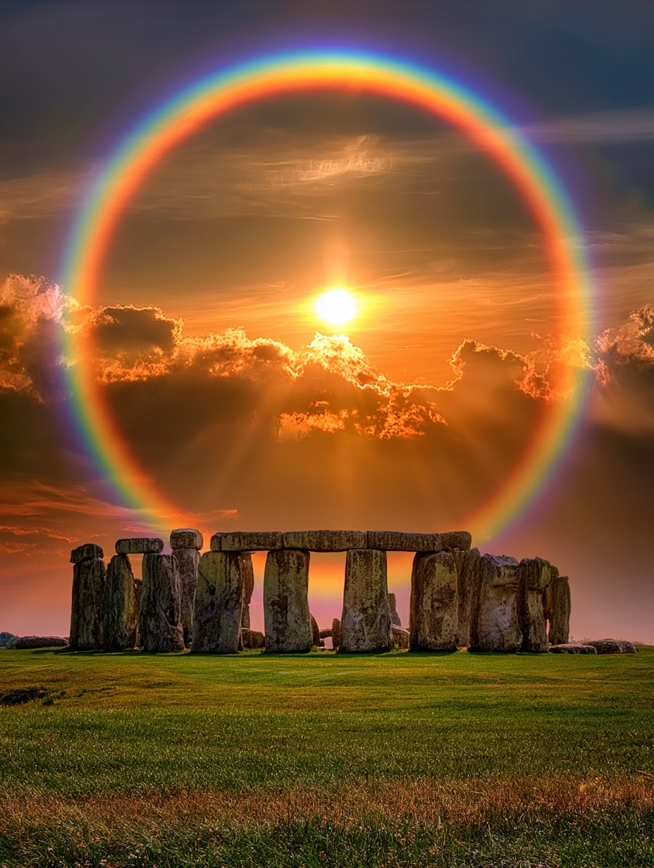Stonehenge under a bright rainbow halo at sunset above a grassy field