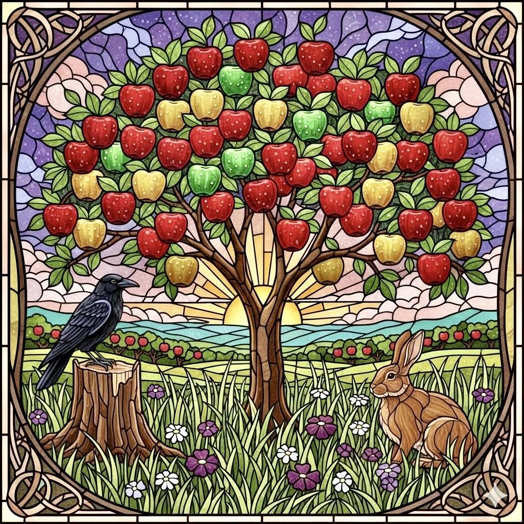 Stained glass apple tree with colorful apples, a black bird on a stump, and a rabbit in the grass