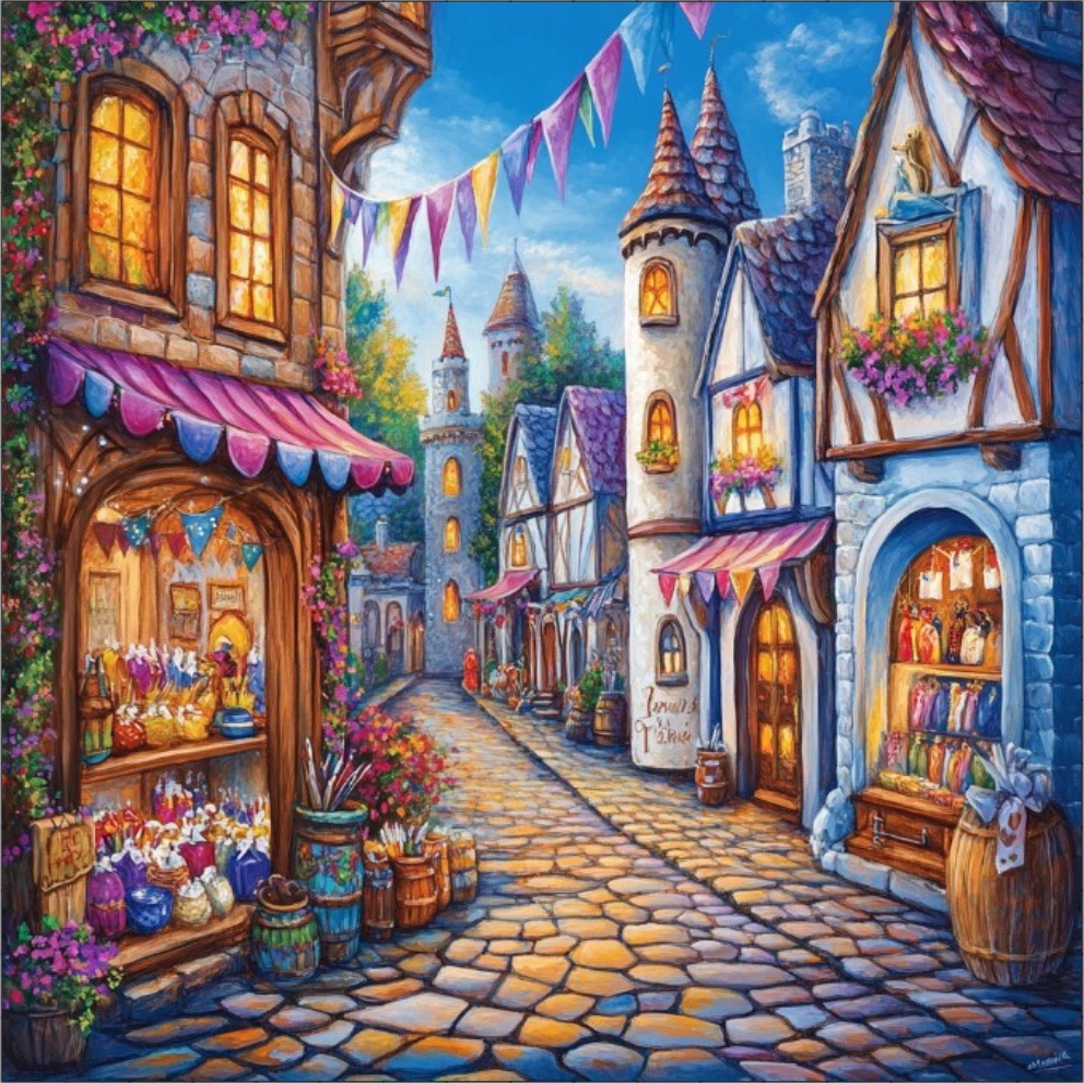 Whimsical village street with colorful half-timbered houses, castle spires, and warm glowing windows under evening sky