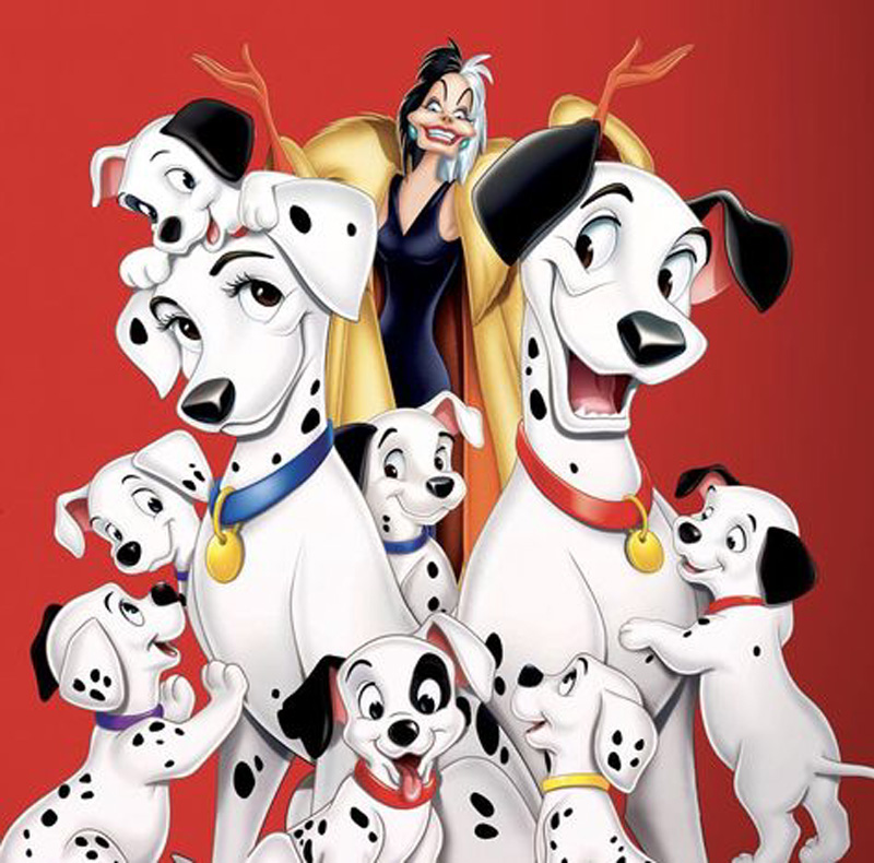 Cruella de Vil posed with Dalmatian dogs and puppies against red background