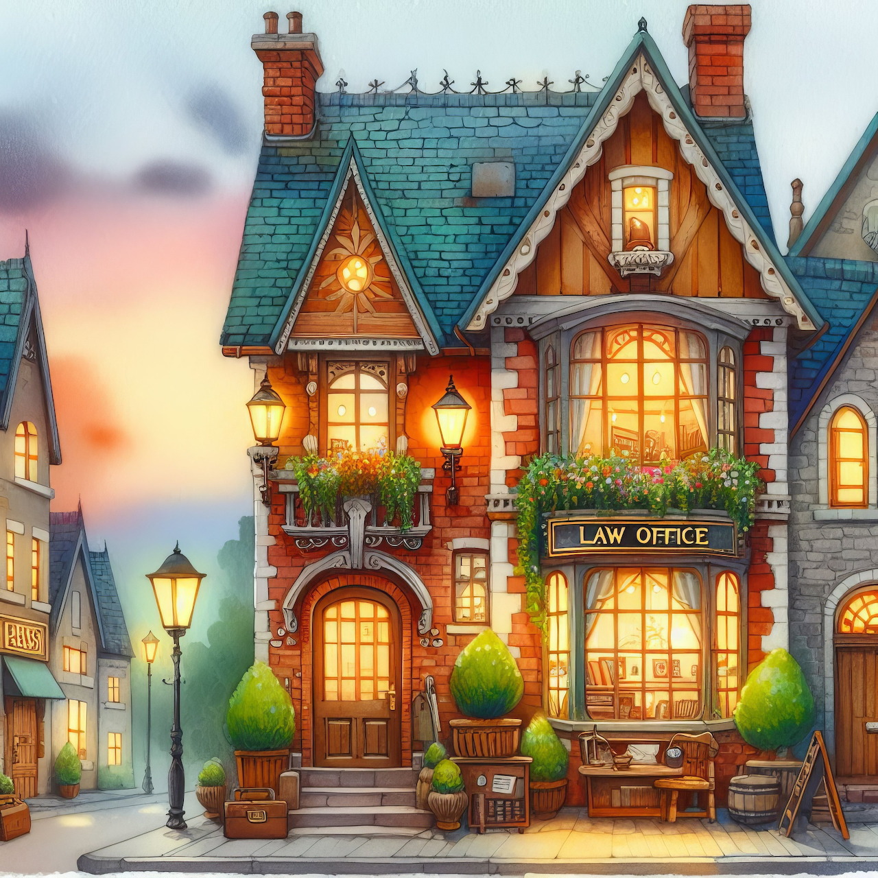 Illustrated brick law office cottage with lit windows and flower boxes on a quaint street at sunset