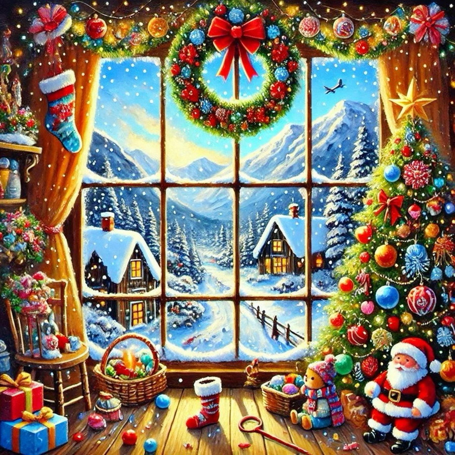 Christmas window view of snowy village with decorated tree, Santa, gifts, and holiday ornaments in warm indoor setting