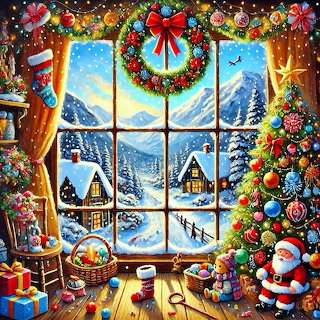 Christmas Window Winter Village Scene