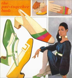 1960s vintage fashion collage showing colorful mod shoes and a woman in a dark shift dress