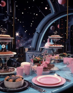 Retro-futuristic spaceship interior with a dining table full of desserts and pink tableware against a space backdrop