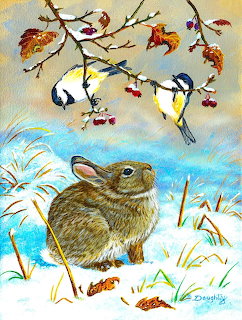 Brown rabbit in snow looking up at chickadees perched on berry branch in winter landscape