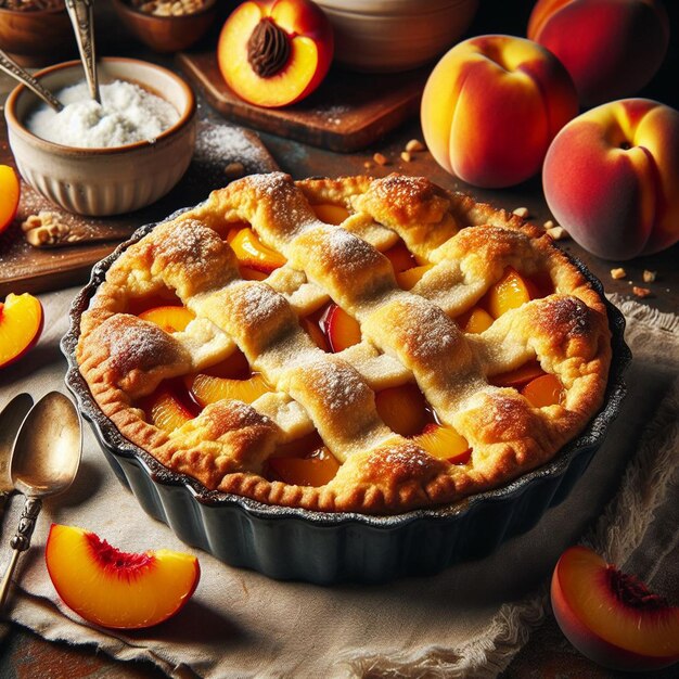 Peach cobbler pie with lattice top, fresh peaches, and cream on wooden table