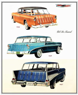 Vintage illustration showing three Chevrolet Bel Air Nomad station wagons from 1955, 1956, and 1957