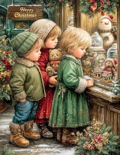 Two children in winter clothing looking at Christmas toy shop window with snowman and holiday decorations
