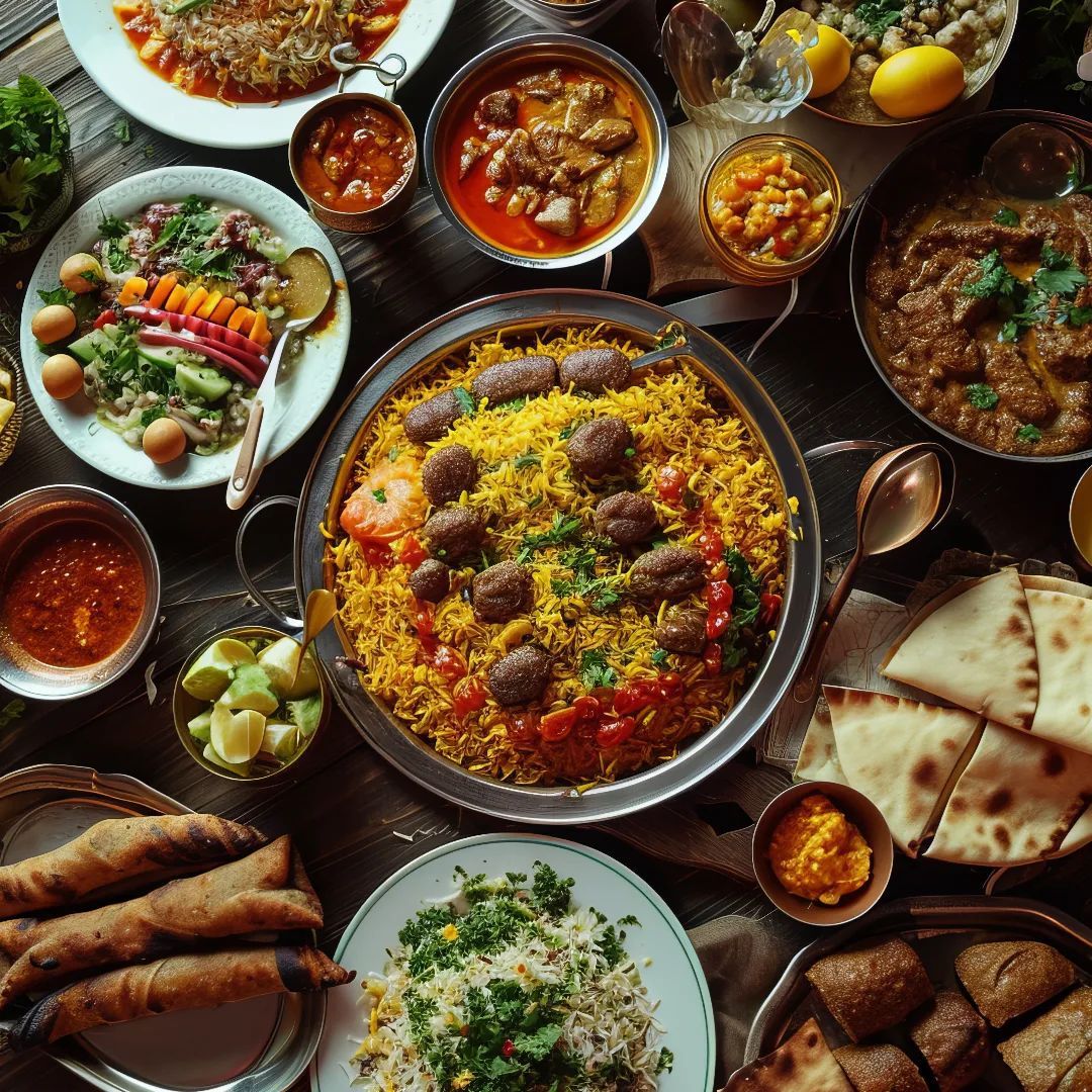 Overhead photo of Indonesian dishes including rice, curry, spring rolls, and various traditional foods on a wooden table
