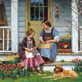 Mother Daughter Garden Scene