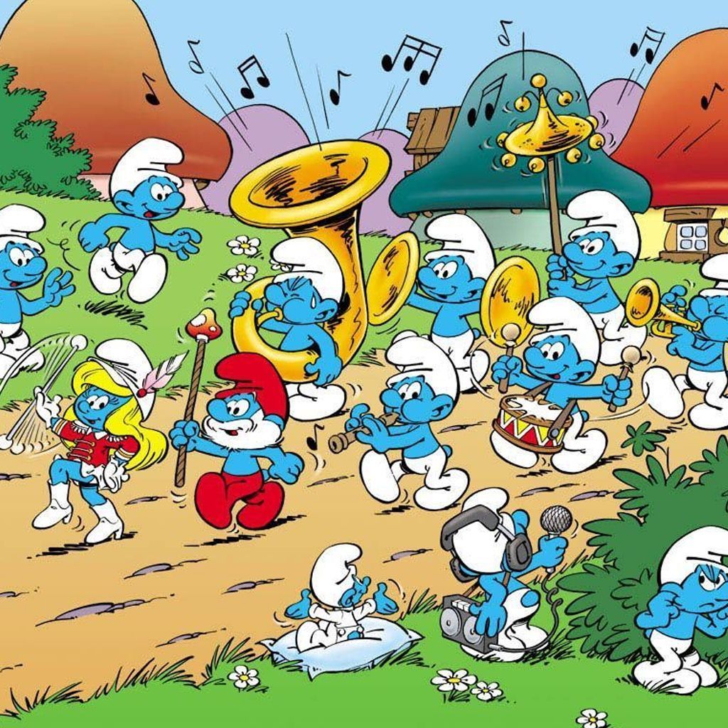 Cartoon Smurfs playing instruments and marching through a sunny village