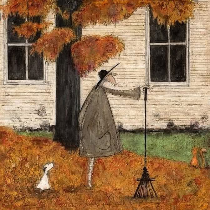 Woman with a rake and white dog beneath an autumn tree outside a cottage.