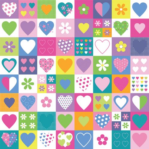 Grid of colorful hearts and flowers in squares with various patterns and bright colors