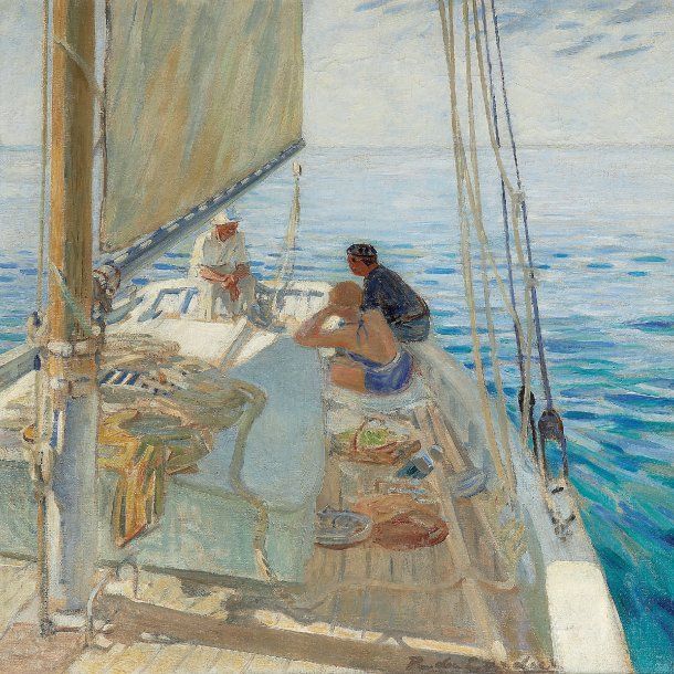 Impressionist painting of a seated person on a sailboat deck above a calm blue sea