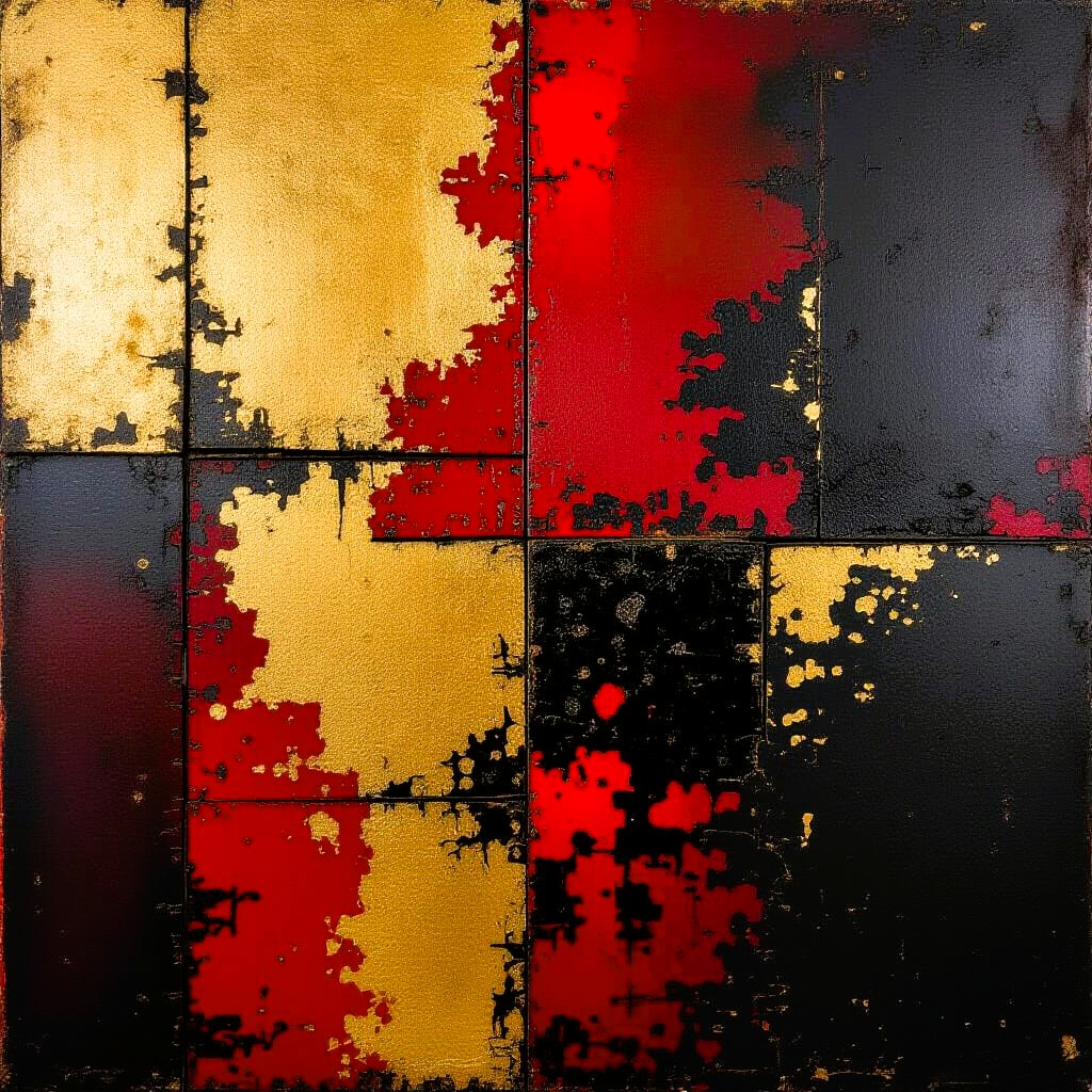 Abstract textured art with gold, red, and black blocks and distressed paint edges