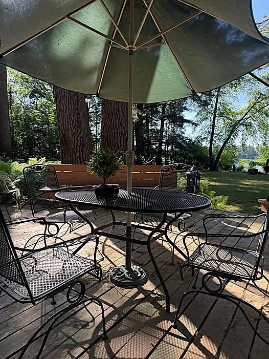 Wrought iron patio table and chairs under a large umbrella in a tree-filled garden