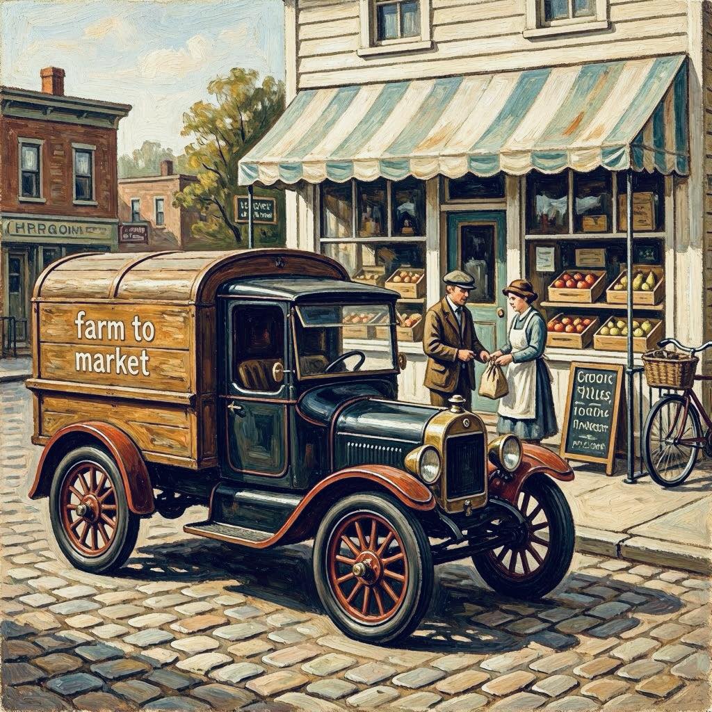 Vintage black delivery truck with 'farm to market' text parked outside country general store