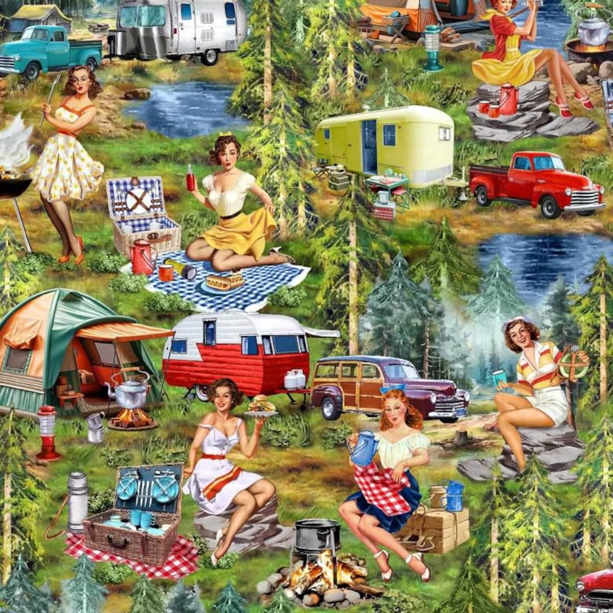 Illustrated collage of retro women camping with trailers, tents, trucks, and picnic scenes in a forest