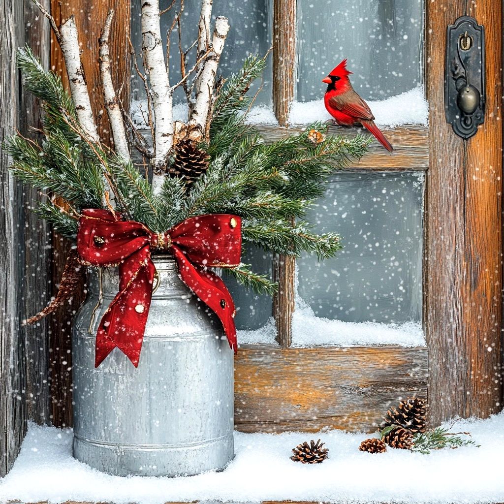Red cardinal on snowy window with Christmas greenery in pitcher and red bow