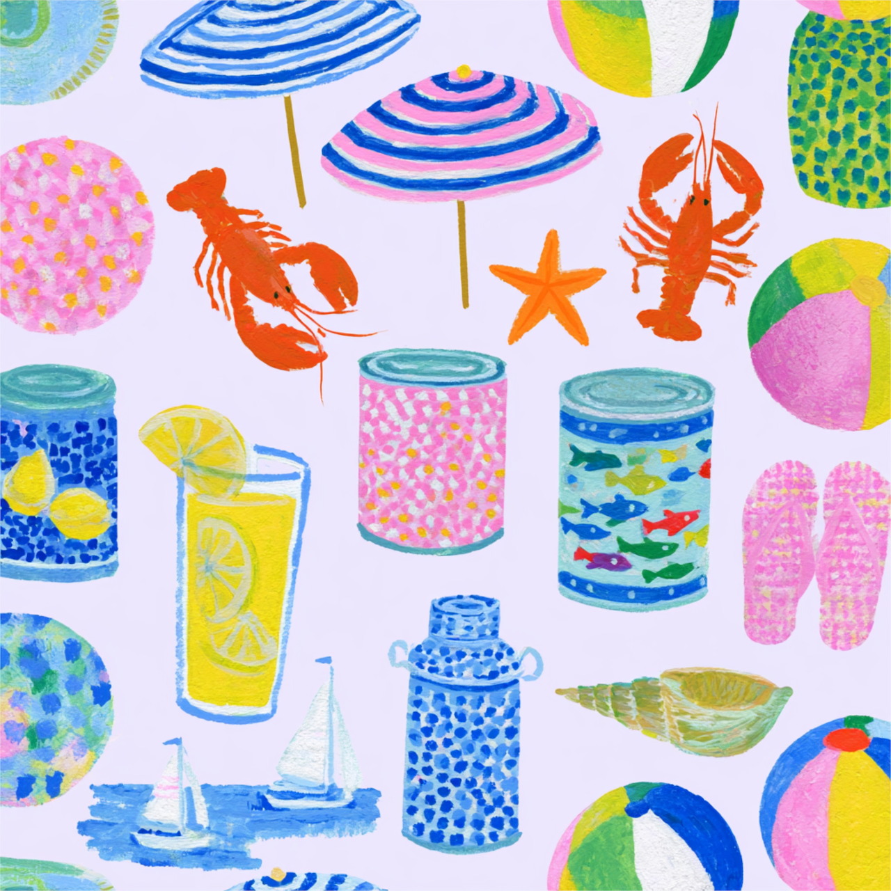 A colorful repeating pattern illustration of beach items like lobsters, beach balls, umbrellas, lemonade, flip-flops, and seashells.