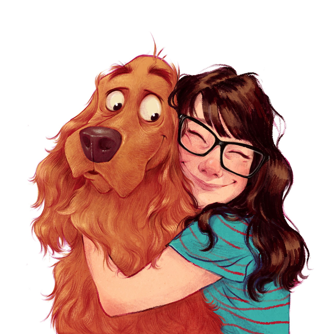 Illustration of a girl with glasses hugging a brown cocker spaniel dog
