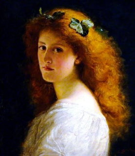 Oil painting of a young girl with long auburn hair and ivy leaves, wearing a white dress against a dark background