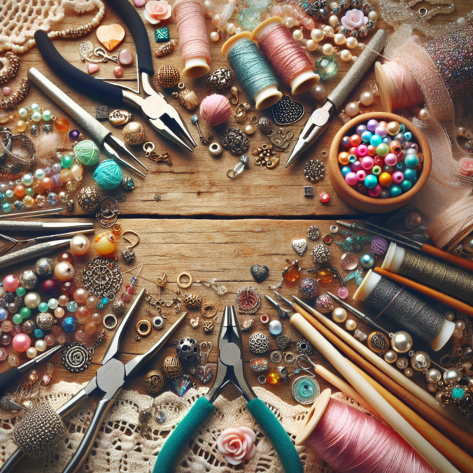 Assorted jewelry making tools, beads, thread spools, and craft supplies arranged on wood table