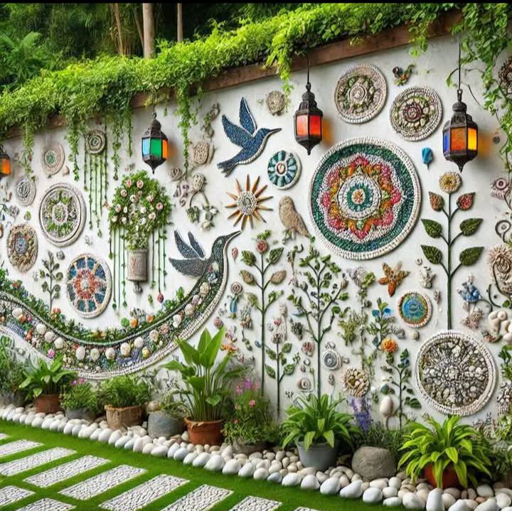 White garden wall decorated with colorful mosaic circles, hanging lanterns, climbing plants, and white stepping stones
