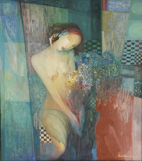 Abstract painting of woman in profile holding flowers against geometric colored background