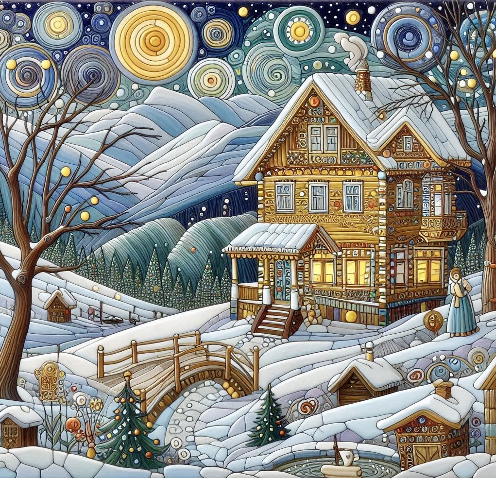 Stylized winter cabin in snowy landscape with swirling starry sky and decorative patterns