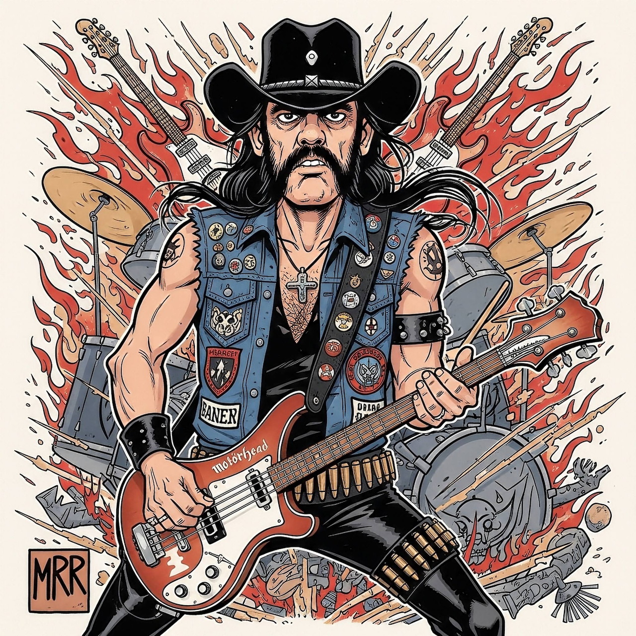 Illustrated rock guitarist in cowboy hat with mustache holding electric guitar against flames and amplifiers
