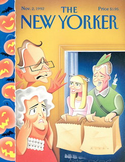 New Yorker cover illustration of elderly woman startled by trick-or-treaters in political costumes on Halloween