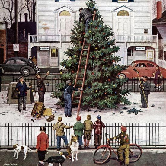 Illustration of a large Christmas tree being decorated on a snowy city sidewalk with children watching