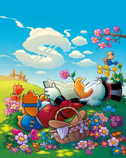 Scrooge McDuck sleeping in grass with flowers and clouds