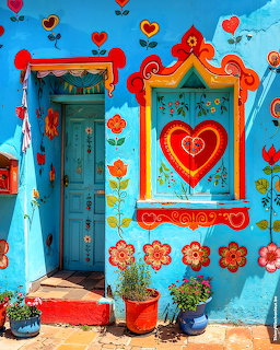 Bright blue house wall with decorative red door, colorful window frame with heart design, and flower pots