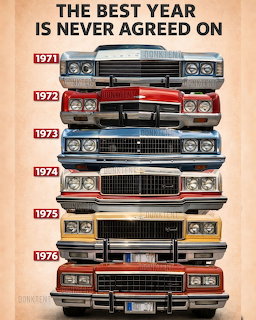 Stacked illustrations of six classic Chevrolet front grilles from 1971 to 1976 with year labels