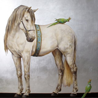 Watercolor painting of a light-colored horse with long mane and two green parrots in a gentle, whimsical style
