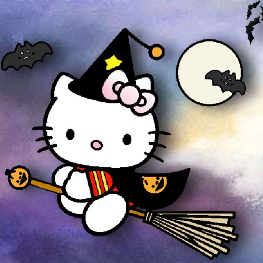 Hello Kitty in witch costume flying on broomstick with moon and bat in purple Halloween night sky