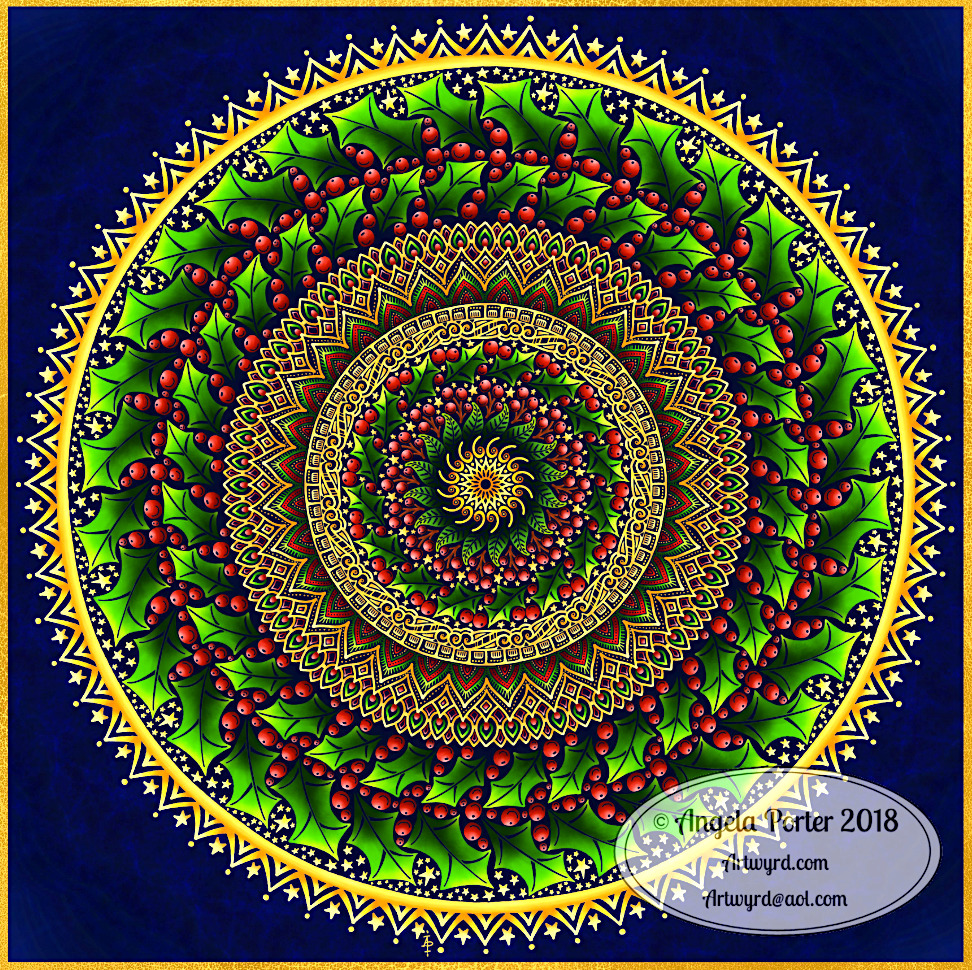 Circular mandala with Christmas colors - red, green, gold patterns on blue background