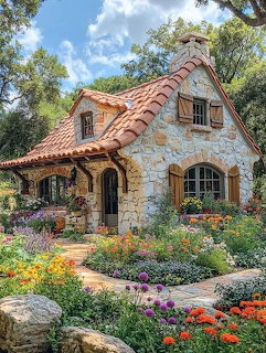 Stone cottage with red tile roof and colorful flower garden in front