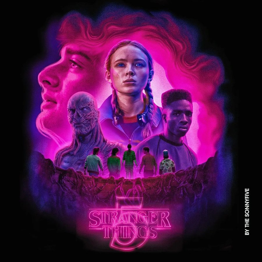 Stranger Things characters in neon purple and pink poster art with retro 1980s style composition