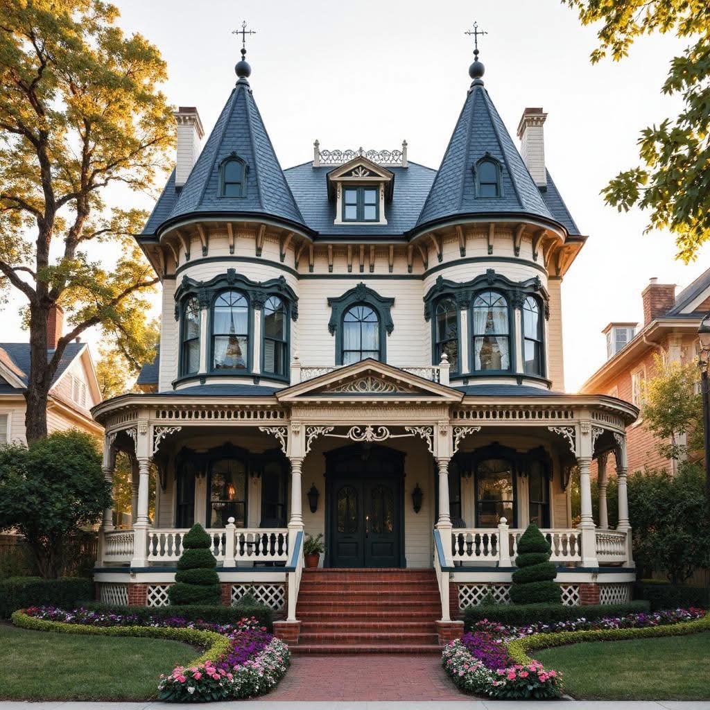 Grand Victorian house with blue turrets, white decorative trim, wraparound porch, and purple flowers lining brick walkway