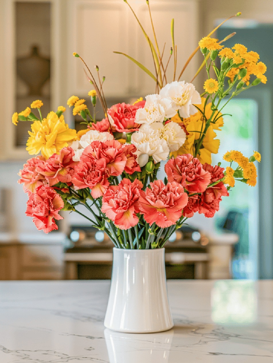 Mixed carnation arrangement with coral, white and yellow flowers in white vase on marble countertop