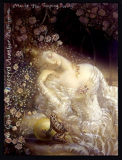 Fantasy painting of a sleeping princess in white dress with roses, golden apple and frog
