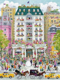Colorful illustrated city wedding scene with flower-adorned building, bride and groom, crowd, horse carriage, and taxis