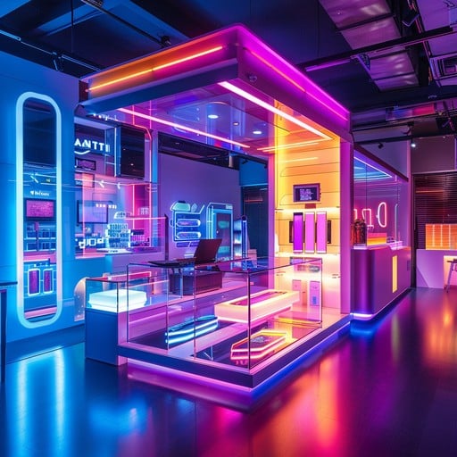 Futuristic glass room interior lit with pink, blue, and orange neon lights